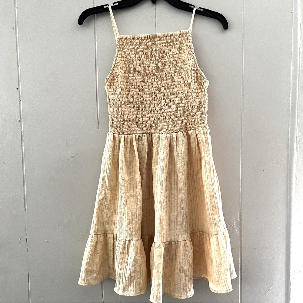 Asos Shirred Tank Summer Dress Tiered Crinkle Beige mini Sun Dress Woman’s Sz 8